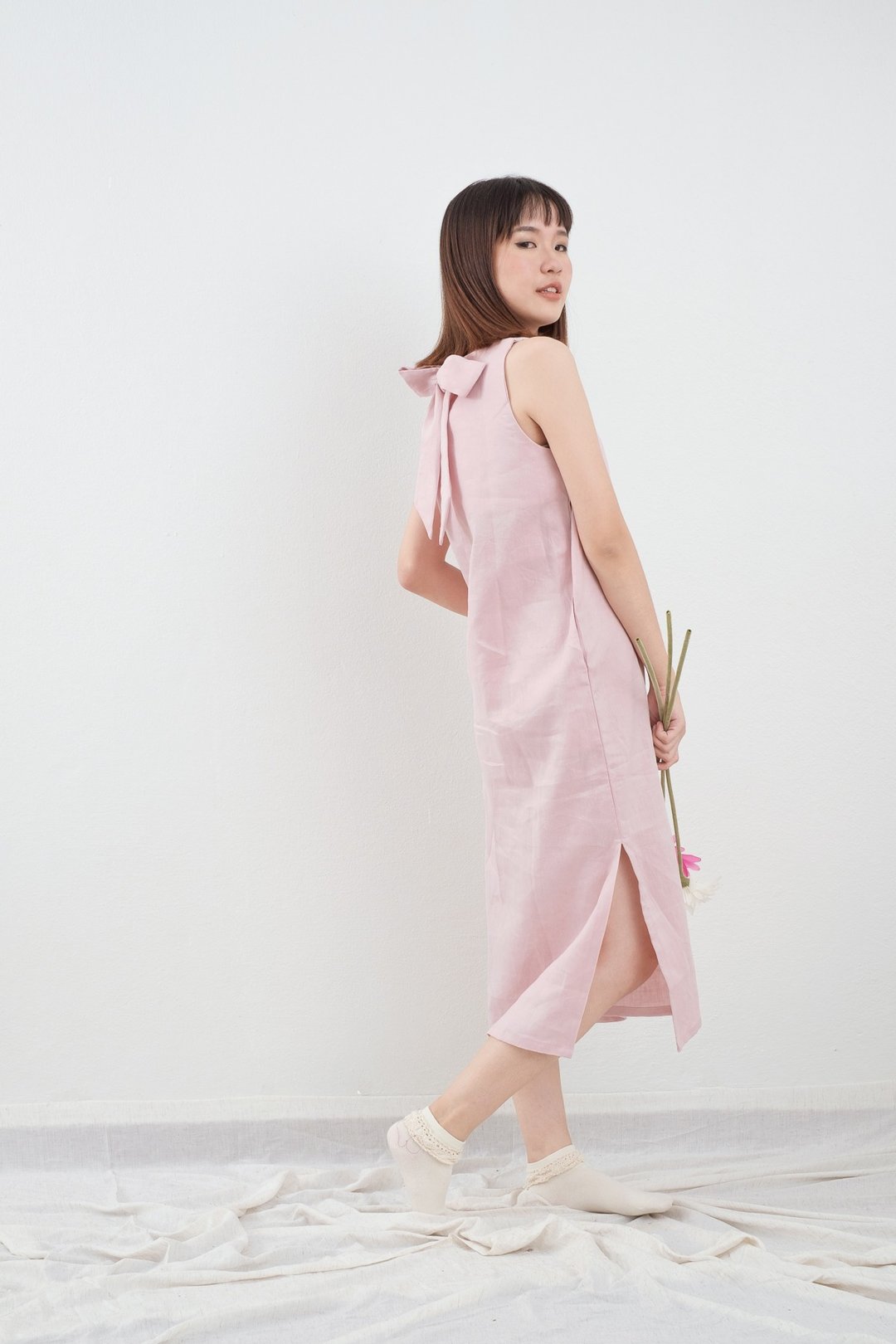 Milky Pink Big Bow Linen Dress - 洋装/连衣裙 - 亚麻 粉红色