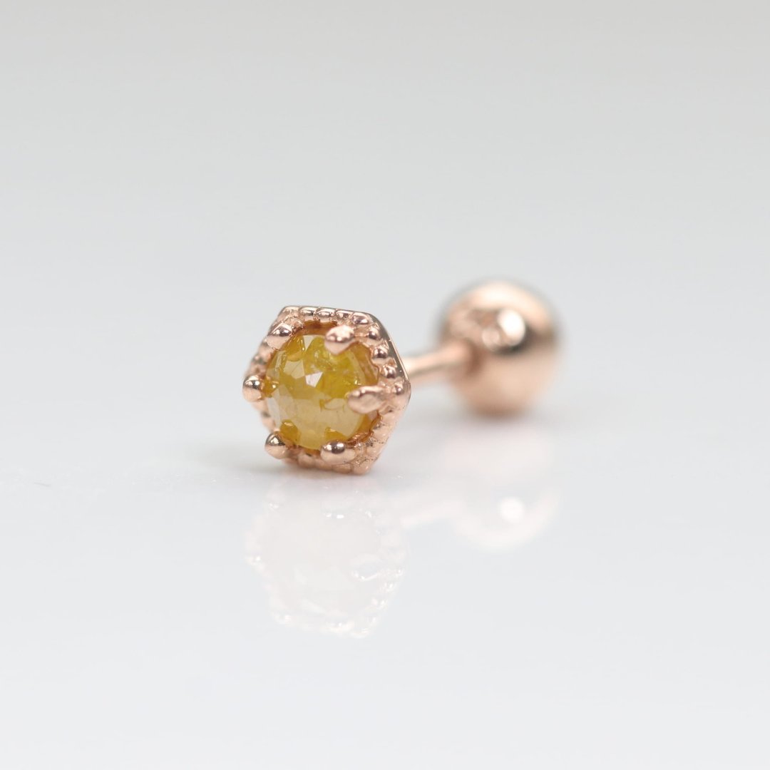 14K 六方形黄色原钻锁珠耳环(单个)耳骨 耳窝 不退色 - 耳环/耳夹 - 贵金属 金色