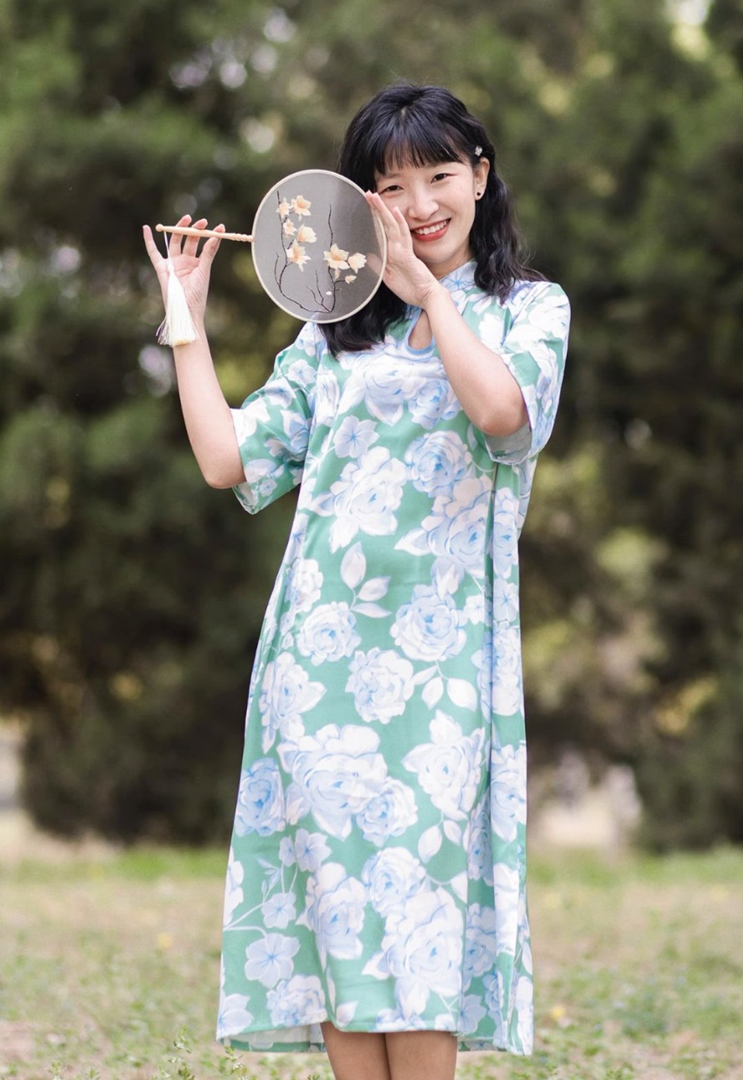 新中式民国风 绿色大朵印花改良中式旗袍 中袖寬鬆洋装/连身裙 - 洋装/连衣裙 - 其他材质 多色