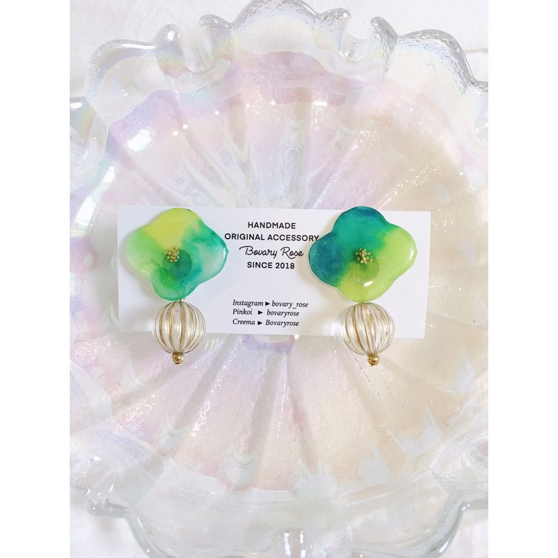 手绘水彩染色花漾系列 绿与黄 纯银耳针款 - 耳环/耳夹 - 塑料 多色