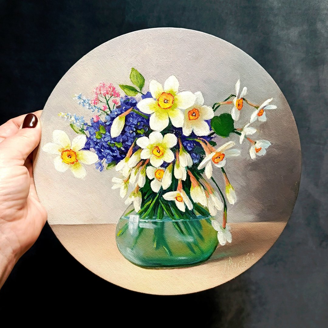 纳西莎的照片。 24x24厘米。 油画。 花卉静物。 - 海报/装饰画/版画 - 棉 灰色