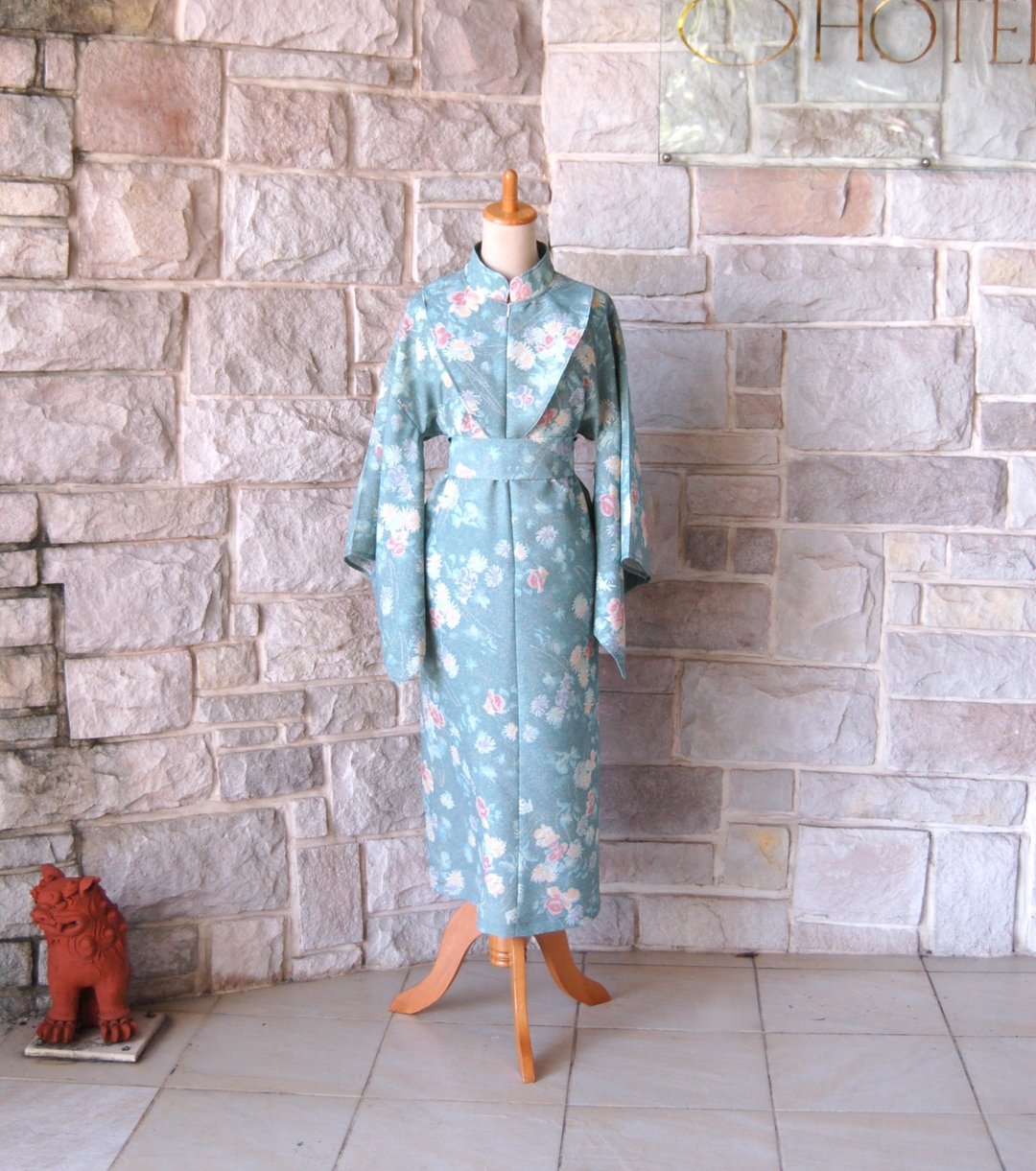 复古古典 锈浅葱色，乳绿色 和服袖连身洋装 和服改造 单件独特商品 - 洋装/连衣裙 - 聚酯纤维 蓝色