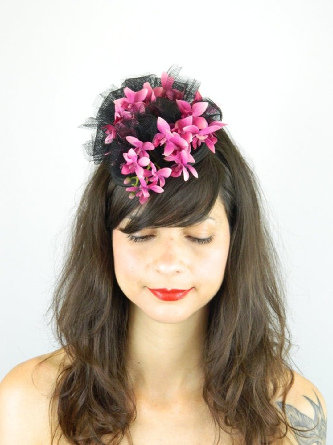 Fascinator Headpiece Silk Pink Orchid Flowers Cascading With Black Tule Veil - 发饰 - 其他材质 粉红色