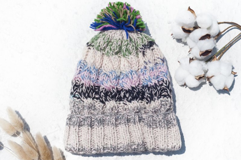 手工编织纯羊毛帽/编织帽/针织毛帽/内刷毛手织毛帽-北欧缤纷渐层 - 帽子 - 羊毛 多色