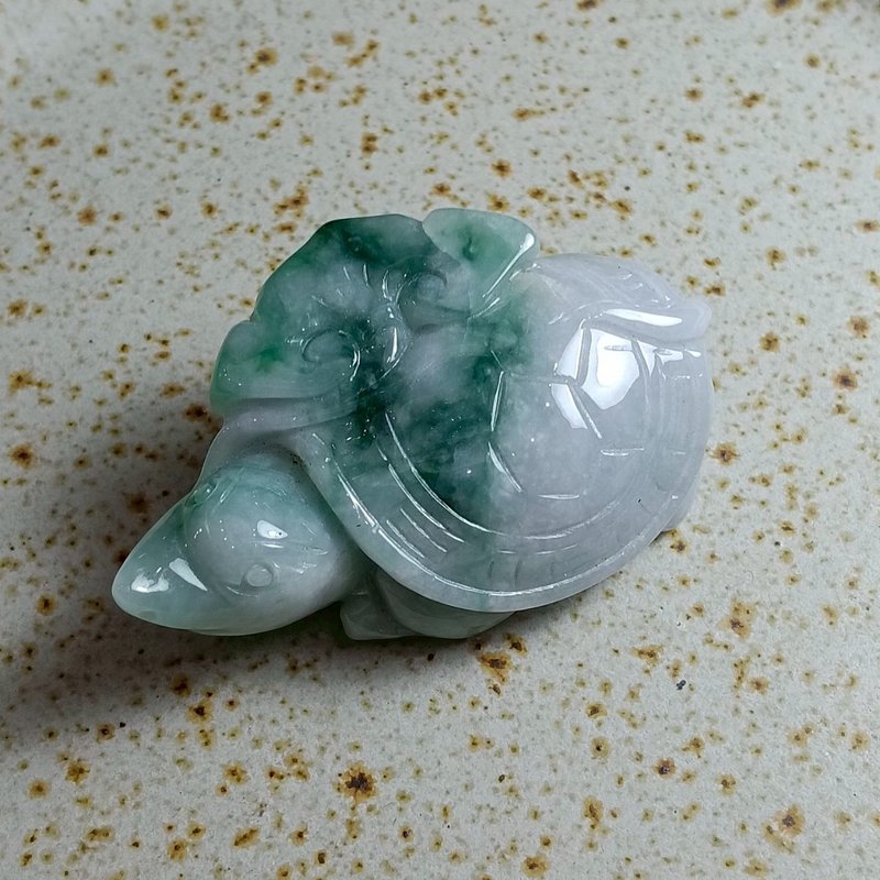 J0105天然翡翠A货 . 细糯绿飘花如意灵芝龟龟.健康顺利.摆件. - 摆饰 - 玉石 