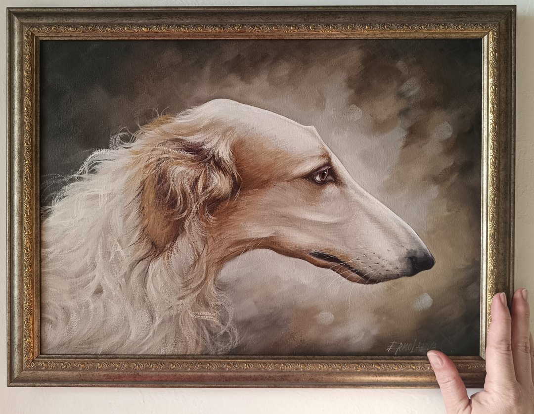 白色俄罗斯猎狼犬肖像油画原画 狗艺术 30*40 厘米 - 墙贴/壁贴 - 其他材质 咖啡色