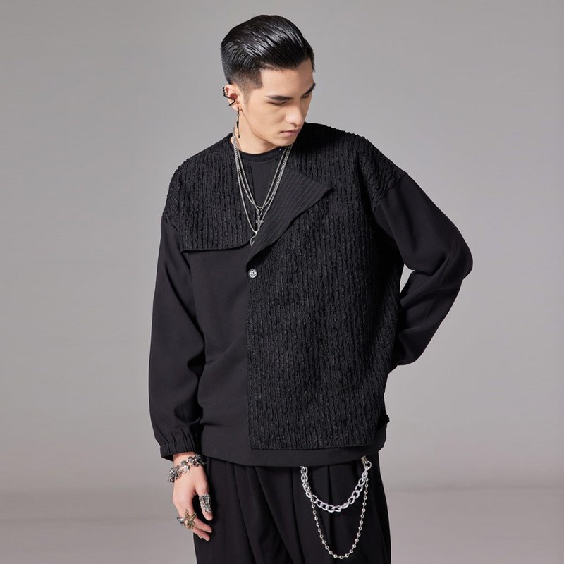 品立裁魂系列男士暗黑拼接上衣圆领长袖T恤 - 男装上衣/T 恤 - 棉．麻 黑色