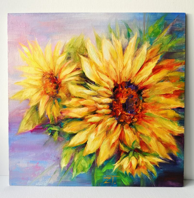 Oil Painting Original Art Sunflower on Canvas panel 30x30 cm - 海报/装饰画/版画 - 其他材质 