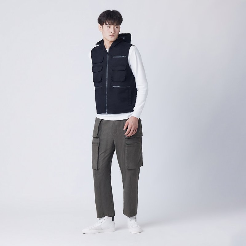 机能口袋连帽背心 - 男装背心 - 聚酯纤维 黑色