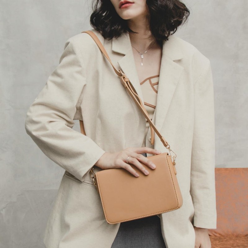 棕色 雙生 2色極簡小方包 個性撞色寬肩帶PU皮革單肩通勤斜背包 - 侧背包/斜挎包 - 人造皮革 咖啡色