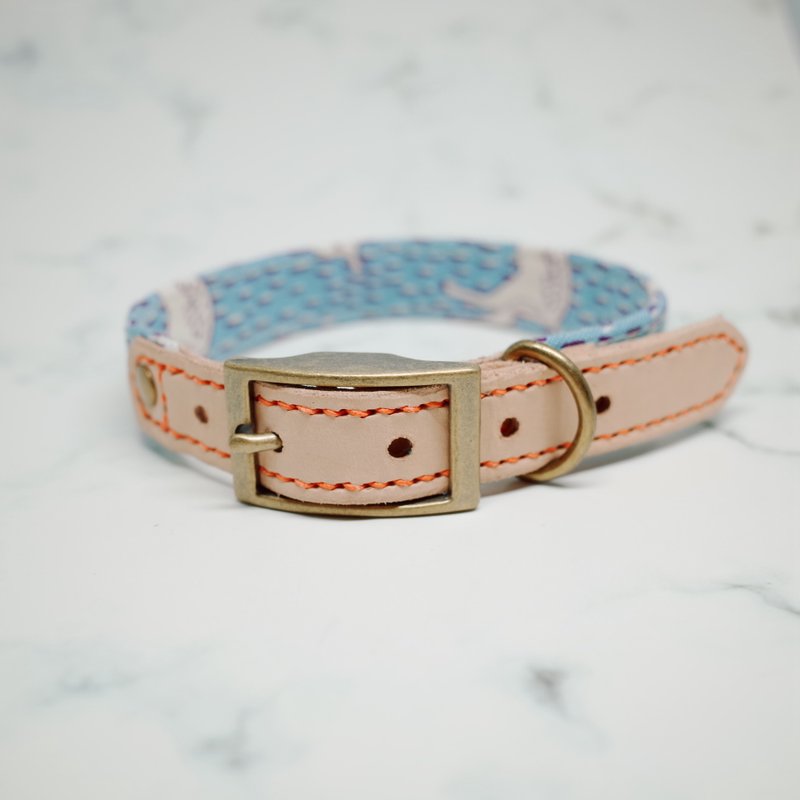 狗 项圈 M号 宽2.0厘米 蓝 梅花鹿 日本布 植揉皮革 可加购吊牌 可上牵绳 - 项圈/牵绳 - 真皮 