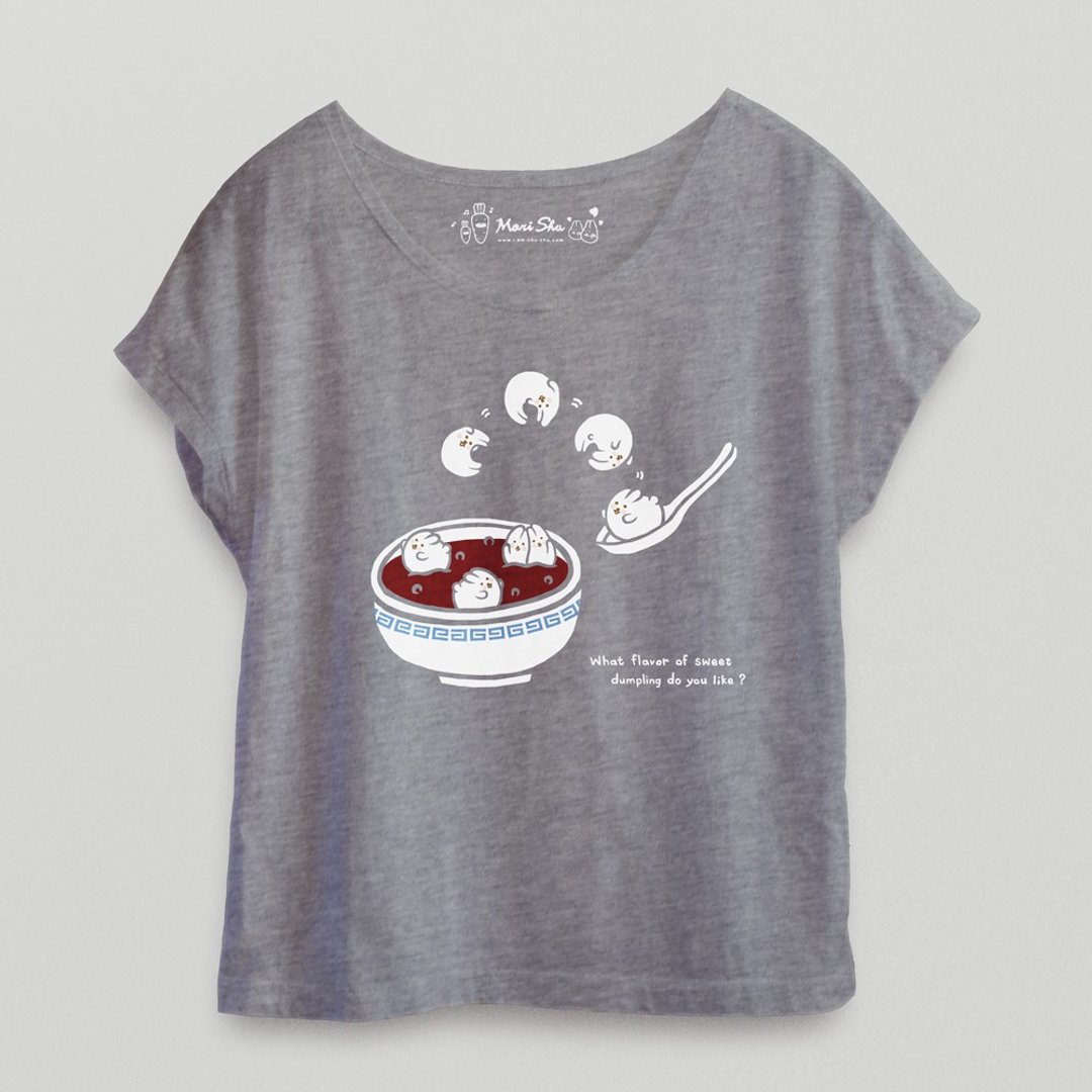 麻糬兔跳水汤圆T-shirt - 女装短裤 - 棉．麻 灰色