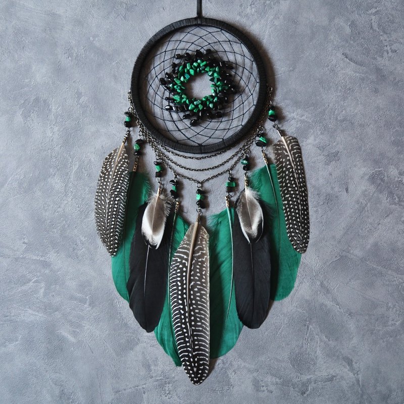 Handmade black emerald gree dream catcher, malachian birthstone dreamcatcher - 墙贴/壁贴 - 宝石 绿色