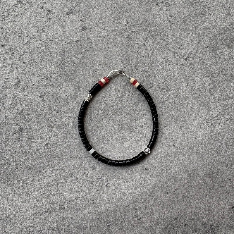 7AB 原创小众复古手链黑石红玉髓925银太阳花VINTAGE情侣高级手串 - 手链/手环 - 其他材质 