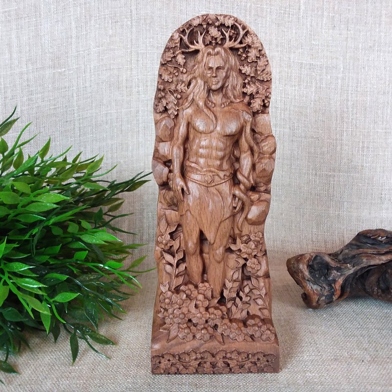 Cernunnos, Celtic pagan horned god, Statuette made of wood. Altar statuette. - 玩偶/公仔 - 木头 咖啡色