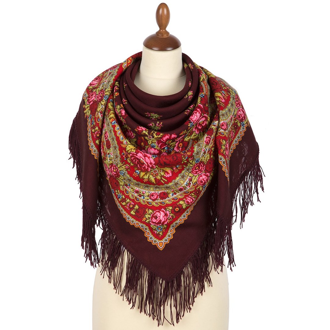 Pavlovo Posad Russian Shawl 100% Wool Scarf 125x125 cm Woolen Fringe 1901-6 - 丝巾 - 羊毛 多色