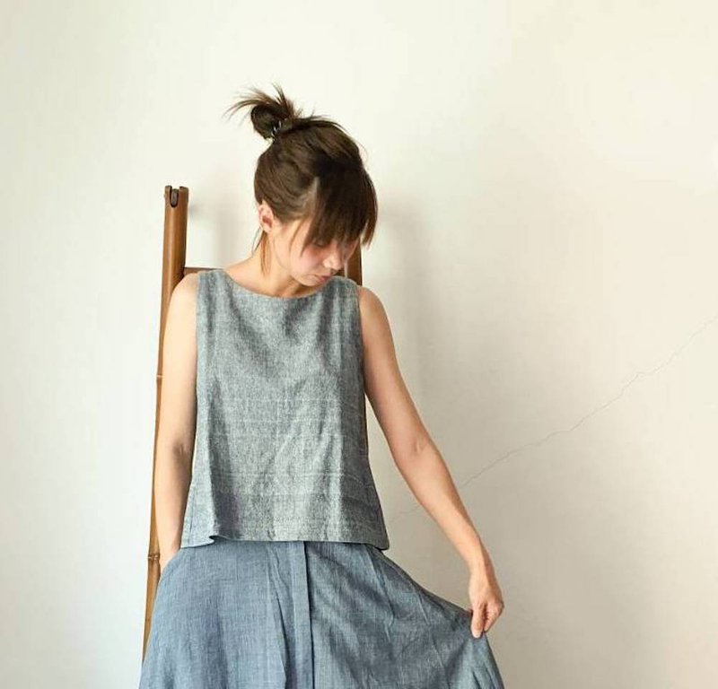UNCHAN TANK TOP INDIGO - 女装上衣 - 棉．麻 蓝色