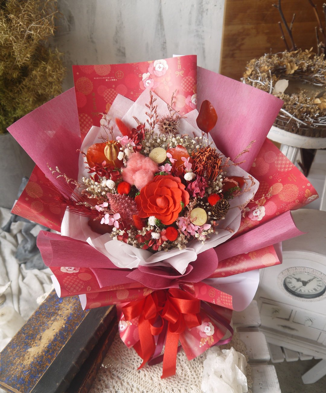 燕脂.温馨红色系.干燥花.索拉花.永生花.情人节.毕业花束 - 干燥花/捧花 - 植物．花 红色