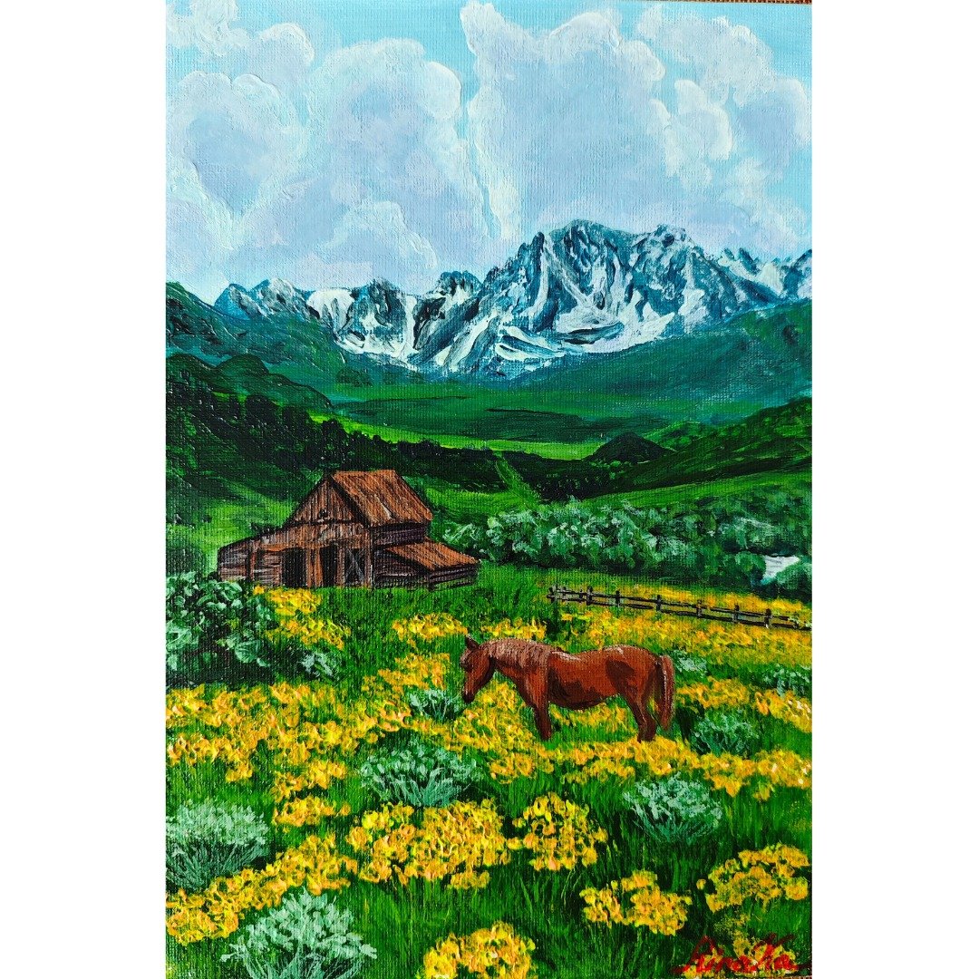 开花草甸中的马匹山景 原创艺术作品 作者 RinaArtSK - 墙贴/壁贴 - 其他材质 多色