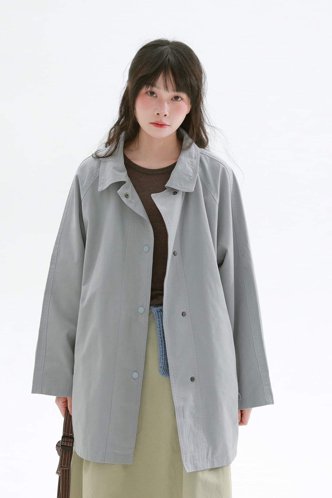 藍色 基礎款溫柔春天色外套 翻領中長款風衣 - 女装休闲/机能外套 - 棉 蓝色