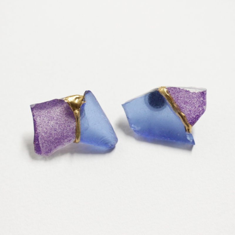 Sea grass gold spliced ​​earrings / earrings purple & blue - 耳环/耳夹 - 玻璃 紫色