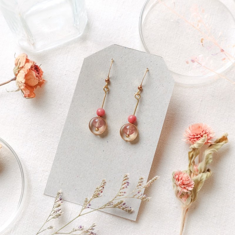 天然石几何黄铜系列耳环-草莓夹心 - 耳环/耳夹 - 铜/黄铜 粉红色