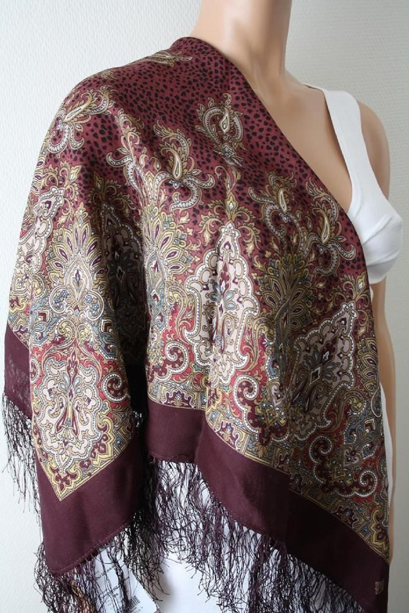Authentic Pavlovo Posad Russian Shawl Soft Scarf 100% Wool 89x89 cm 855-7 - 丝巾 - 羊毛 咖啡色