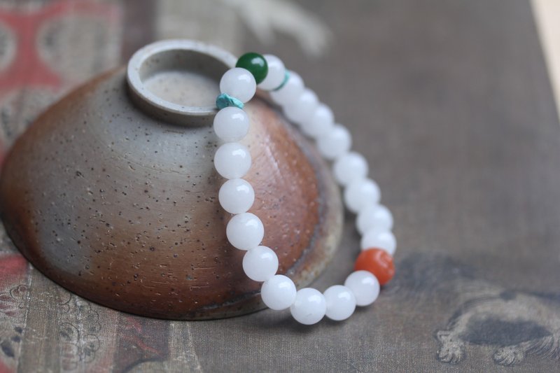 天然和田玉圆珠南红弥勒佛|笑佛 手链 转运珠 单圈手串 手环 - 手链/手环 - 玉石 白色