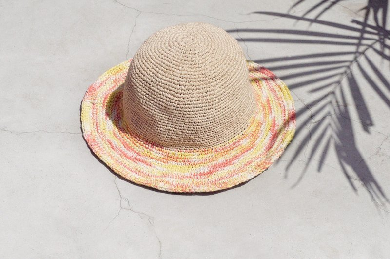 情人节礼物 限量手工编织棉麻帽/编织帽/渔夫帽/遮阳帽/草帽 - 水彩感彩霞夕阳 缤纷条纹 手织帽 - 帽子 - 棉．麻 多色