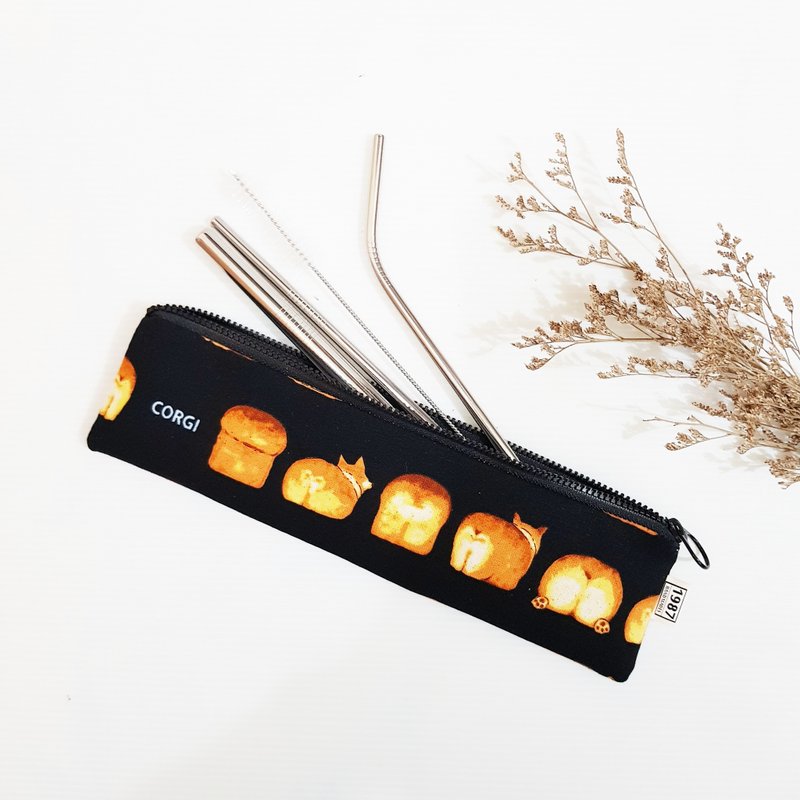 【柯基吐司】 餐具袋  环保 笔袋 刷具袋 圣诞 - 收纳用品 - 棉．麻 黑色