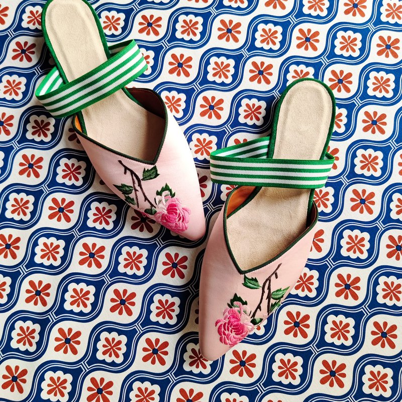 粉手绣橡筋平底鞋无包跟/拖鞋 绣花 刺绣 苏绣 丝绸 缎面 手绣 - 其他女款皮鞋 - 丝．绢 粉红色