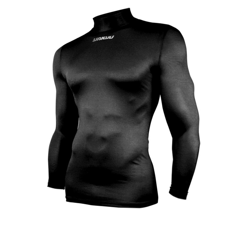 【野YAKYU】光泽感机能高领长袖紧身衣 - 亮黑 - 男装运动衣 - 聚酯纤维 黑色