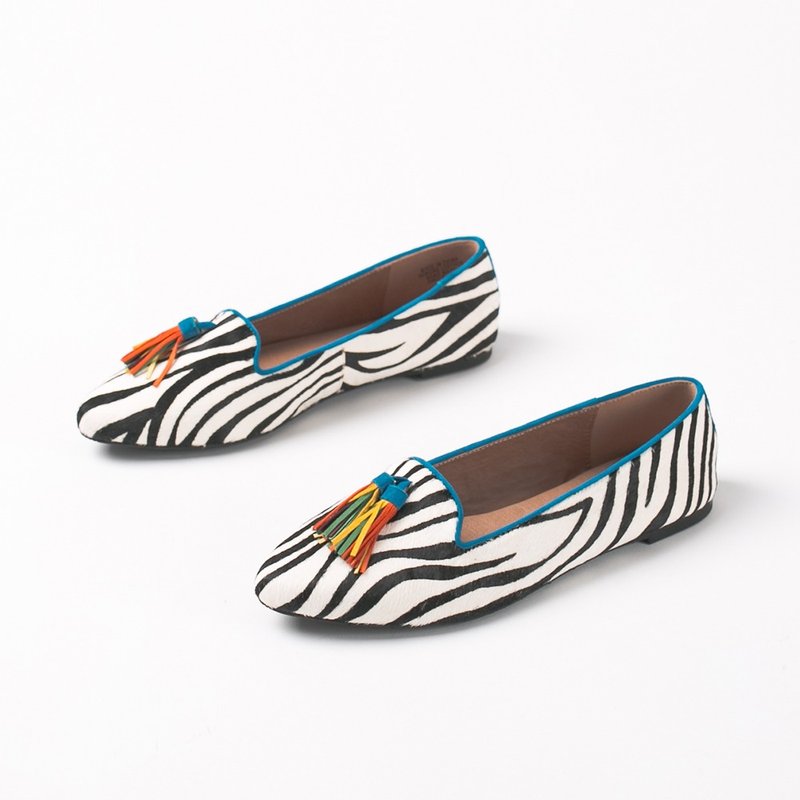 Lewis Walt通勤大码浅口英伦尖头流苏斑马豹纹壹脚蹬乐福平底单鞋 - 芭蕾鞋/娃娃鞋 - 真皮 多色