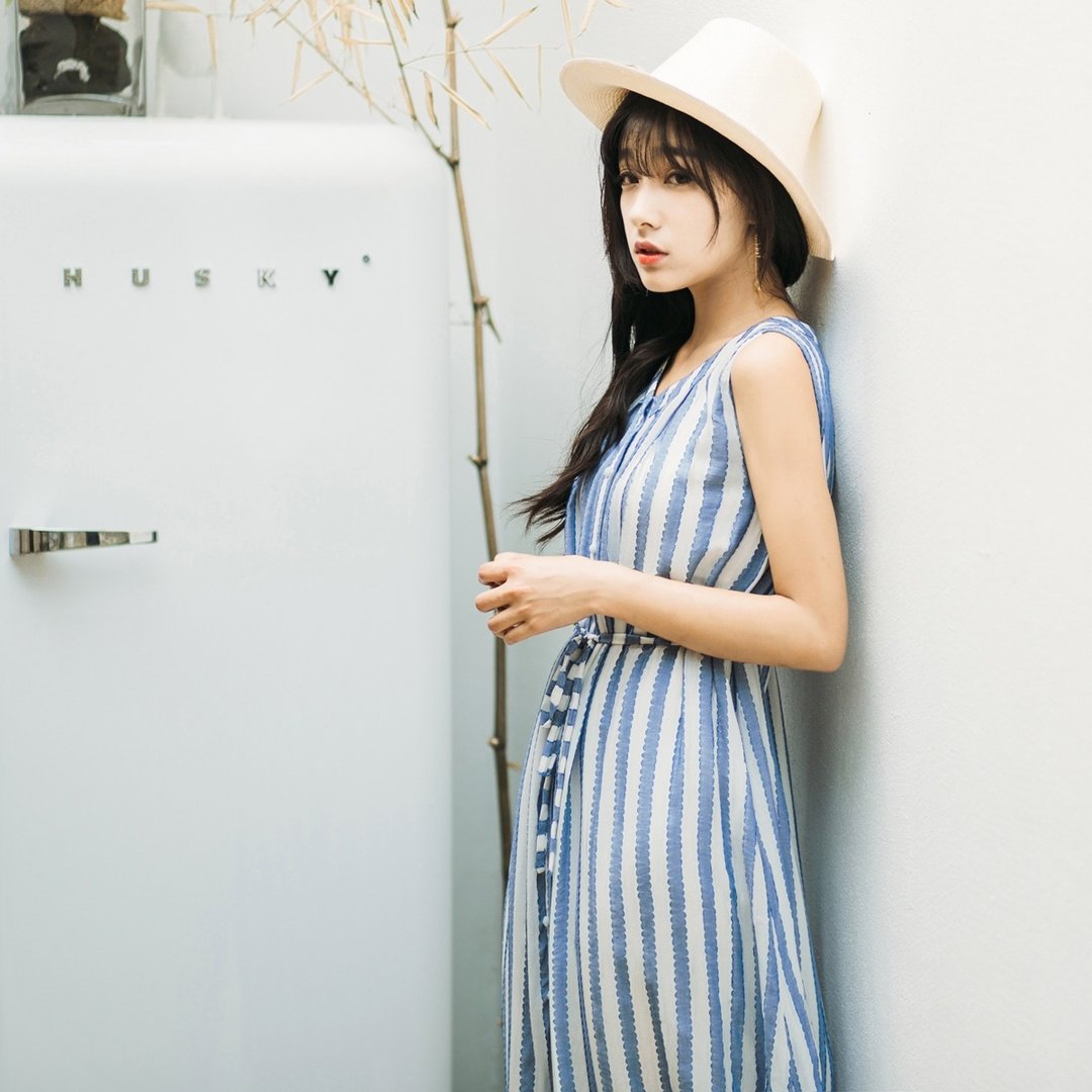 安妮陈2017夏装新款女士无袖条纹系带连身裙洋装 - 洋装/连衣裙 - 聚酯纤维 蓝色