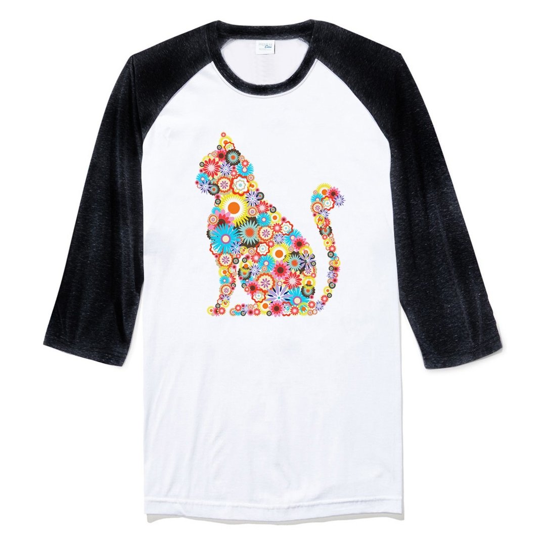 Floral Cat 七分袖T恤 白黑色 花 猫 碎花 设计 插画 艺术 - 男装上衣/T 恤 - 棉 白色
