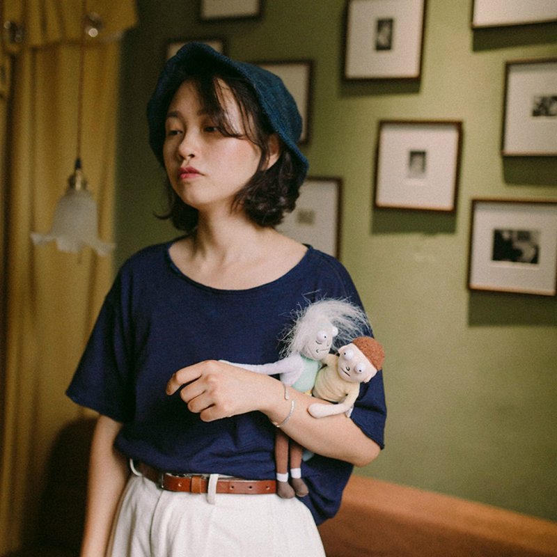 海魂衫 靛藍 全棉小口袋T恤條紋衫 水洗有機棉植物染圓領寬鬆上衣 - 女装 T 恤 - 棉．麻 蓝色