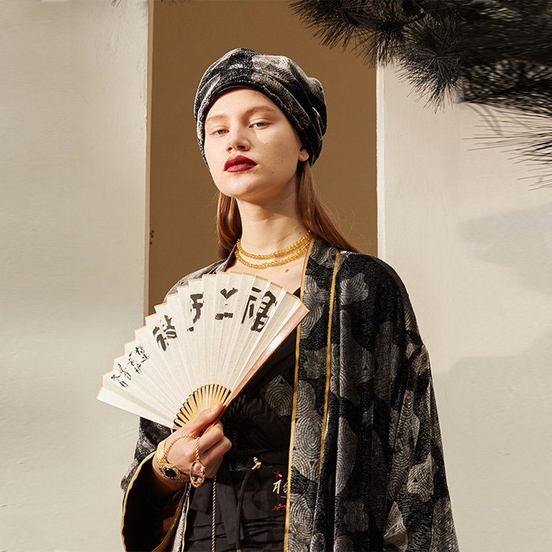 【新店5折特惠】RIMLESS无边设计烧花不易皱黑色植绒系带包头帽 - 帽子 - 其他材质 