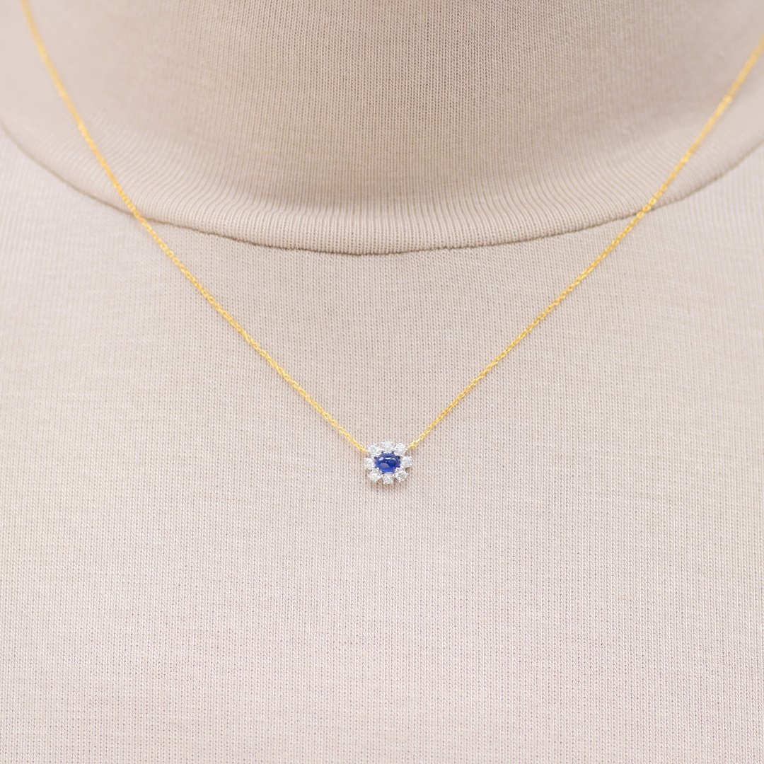 蛋面蓝宝石钻石 18K 双色项錬 - 项链 - 宝石 蓝色