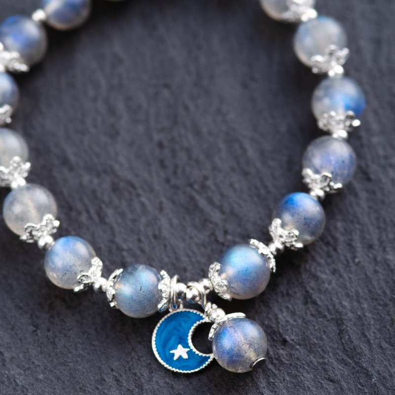 5A蓝光拉长石 925纯银月亮手链 | 天然水晶蓝色设计手链定制礼物 - 手链/手环 - 水晶 蓝色