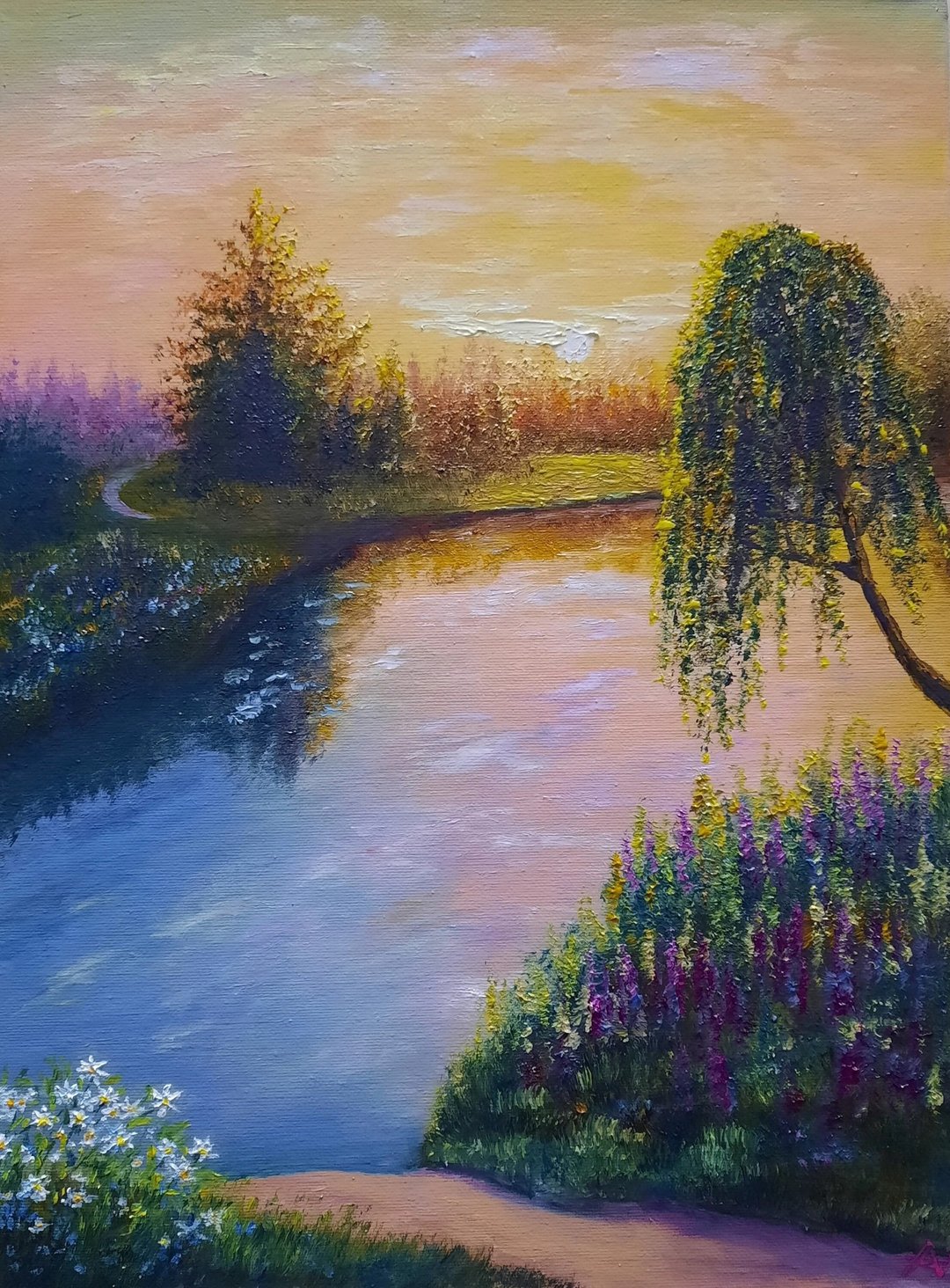 金黄晨曦 原创油画：夏日河畔风景艺术画作 - 墙贴/壁贴 - 其他材质 