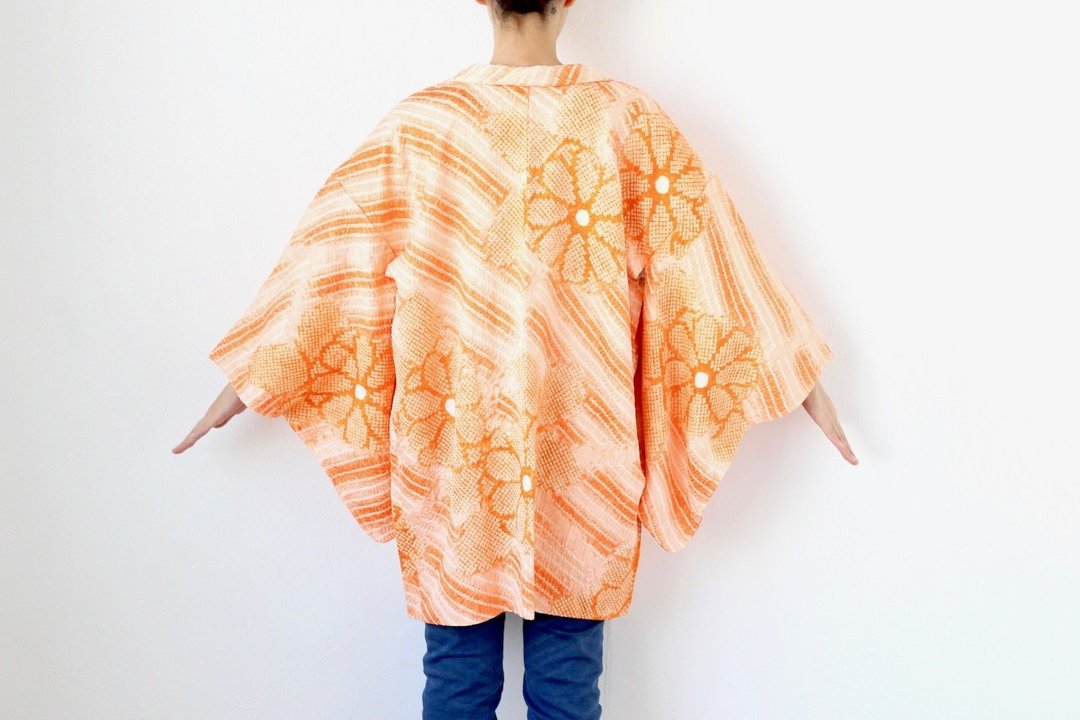 Shibori kimono, EXCELLENT VINTAGE, haori, Japanese kimono /3772 - 女装休闲/机能外套 - 丝．绢 橘色
