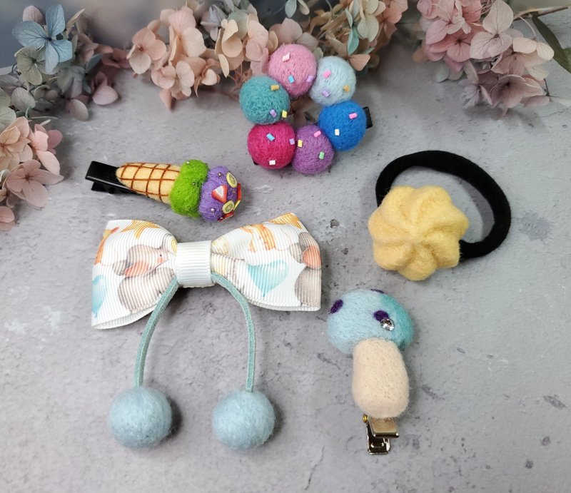 儿童羊毛毡发饰五件组礼盒 第二款 - 发饰 - 羊毛 多色