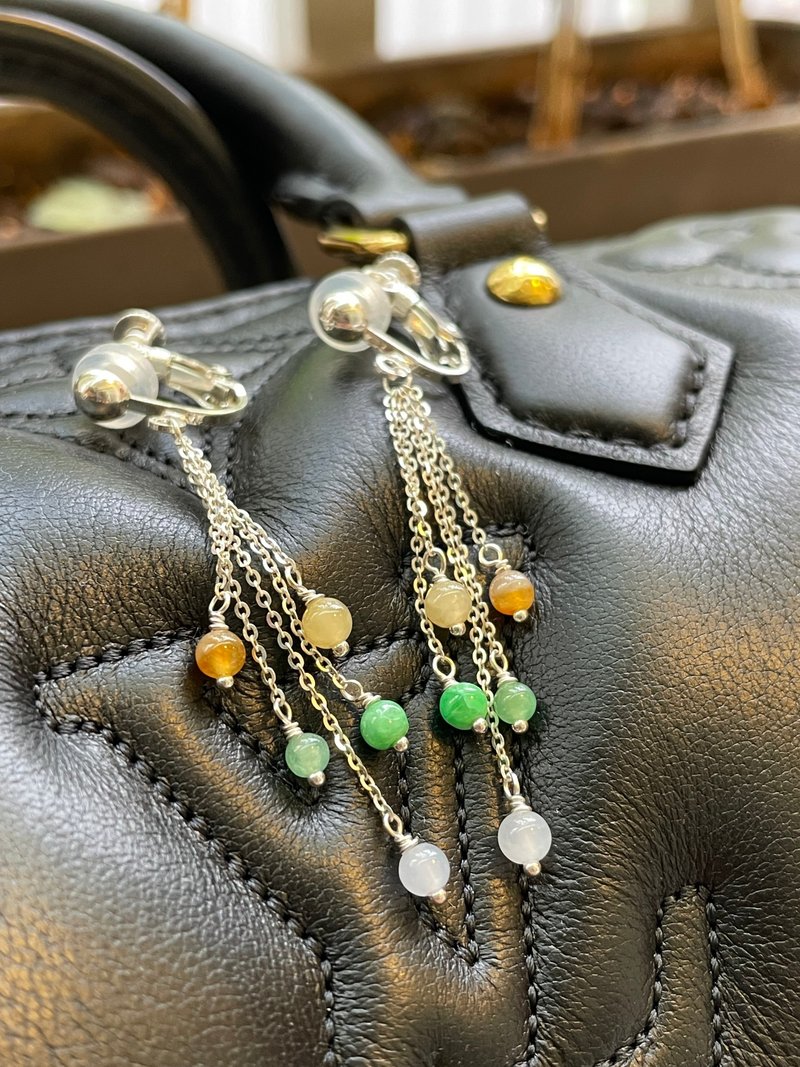 天女散花//天然翡翠A货 黄翡 绿翠 白翡 925银 耳夹 - 耳环/耳夹 - 玉石 