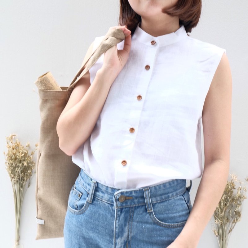 Mandarin Collar Top - 女装上衣 - 棉．麻 白色