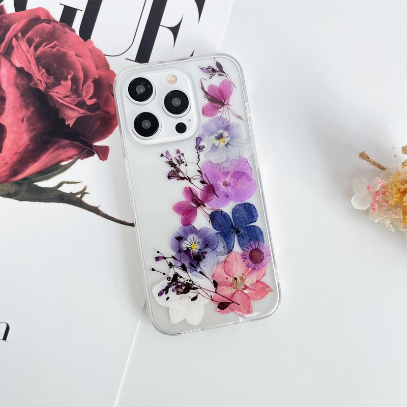 三色堇绣球花押花手机壳 适用于iPhone 16 Pro Max Samsung S25 - 手机壳/手机套 - 植物．花 