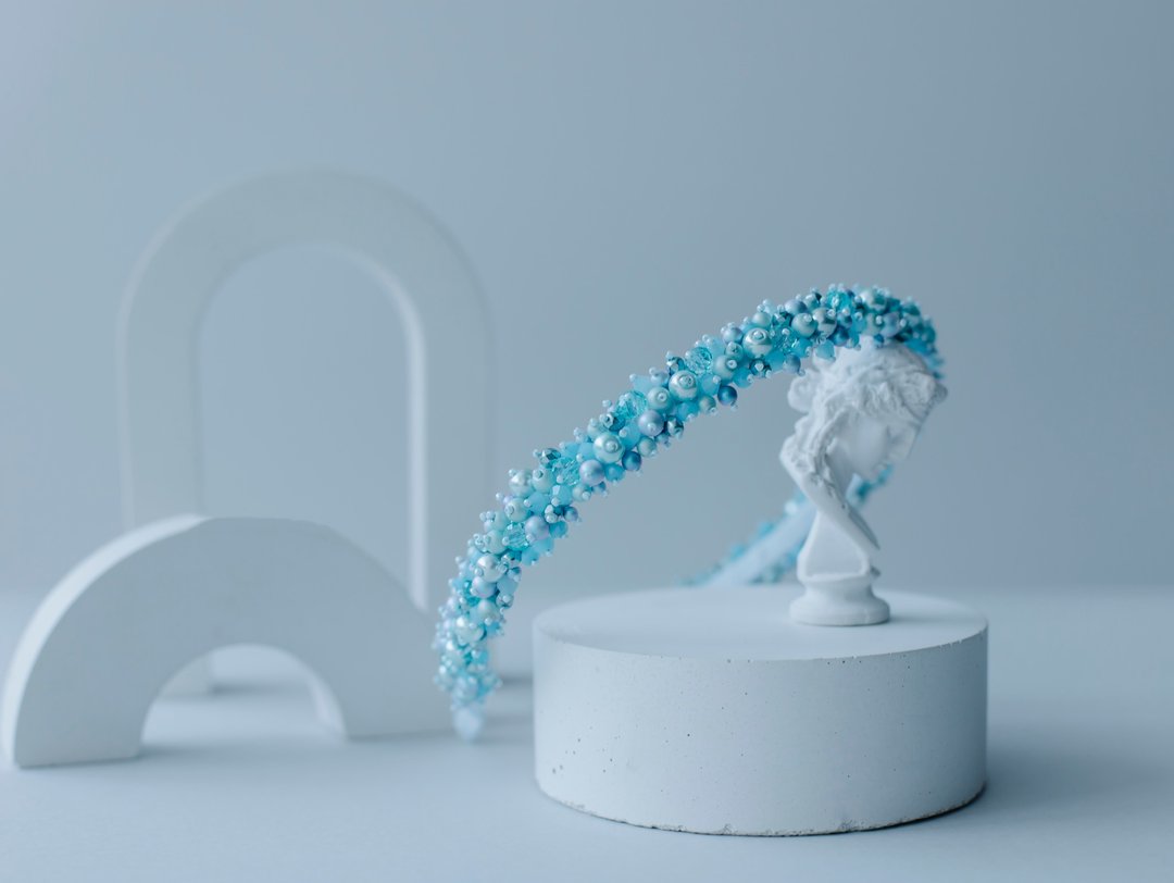 blue crystal headband, blue headband, women hair accessories, narrow headband - 发饰 - 玻璃 蓝色
