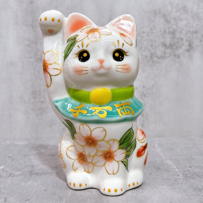 【樱舞富贵】日本清水烧招财猫 | 色绘 樱 千万両 - 摆饰 - 瓷 白色