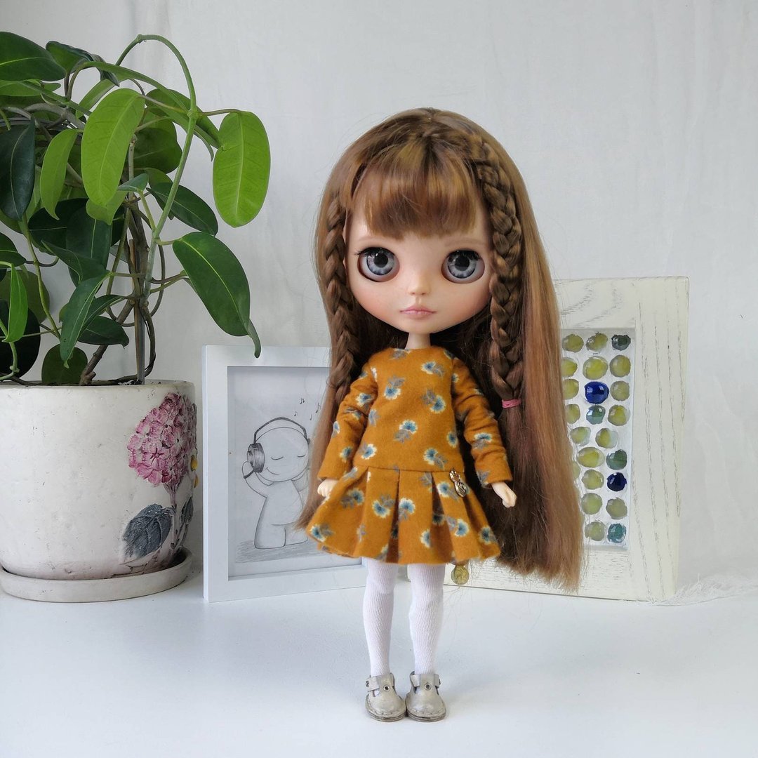 Blythe doll dress. Short mustard dress for Blythe doll. - 玩偶/公仔 - 棉 