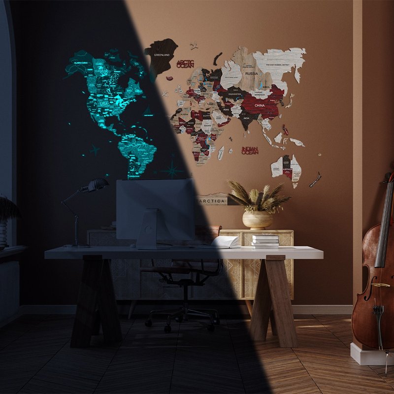 独特的挂图、公寓装饰、磁性彩色地图、木制世界地图 - 墙贴/壁贴 - 木头 咖啡色