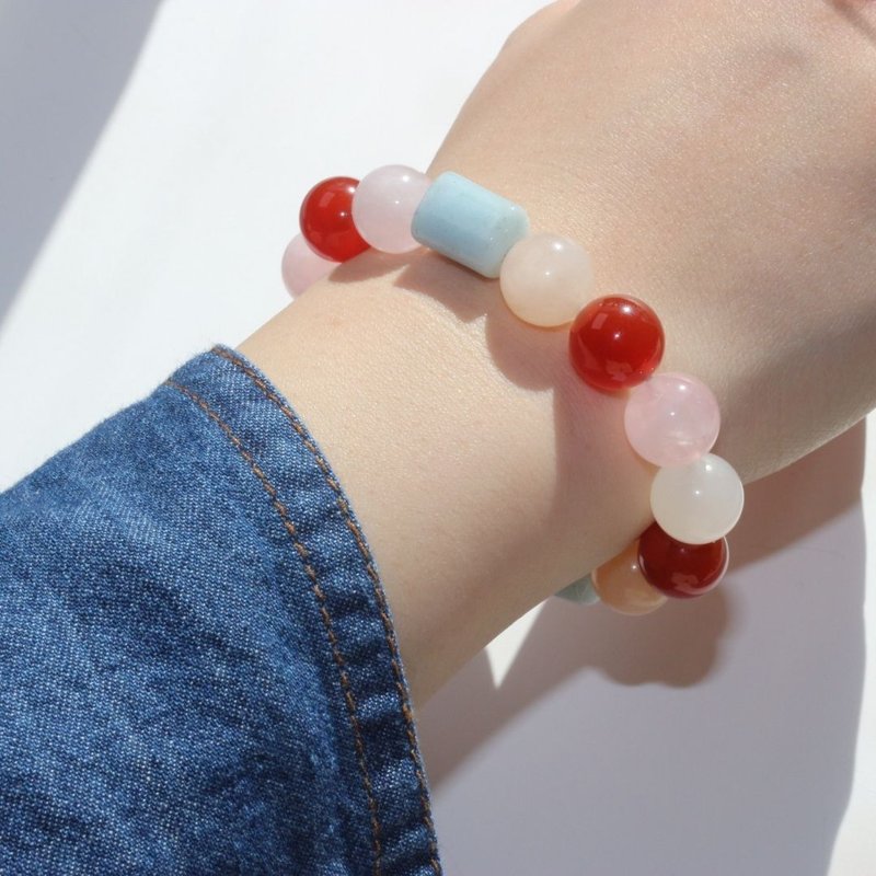 B013七轮调和手串/红玛瑙/粉晶/海蓝宝/天然晶石/能量石/原生态 - 手链/手环 - 水晶 多色